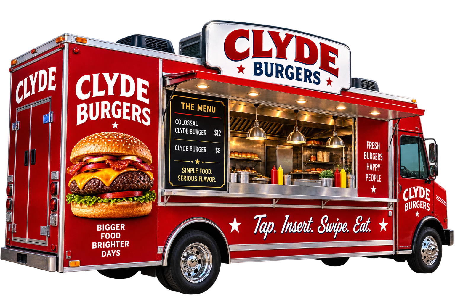 Red Clyde Burgers mobile food truck with an open service kitchen