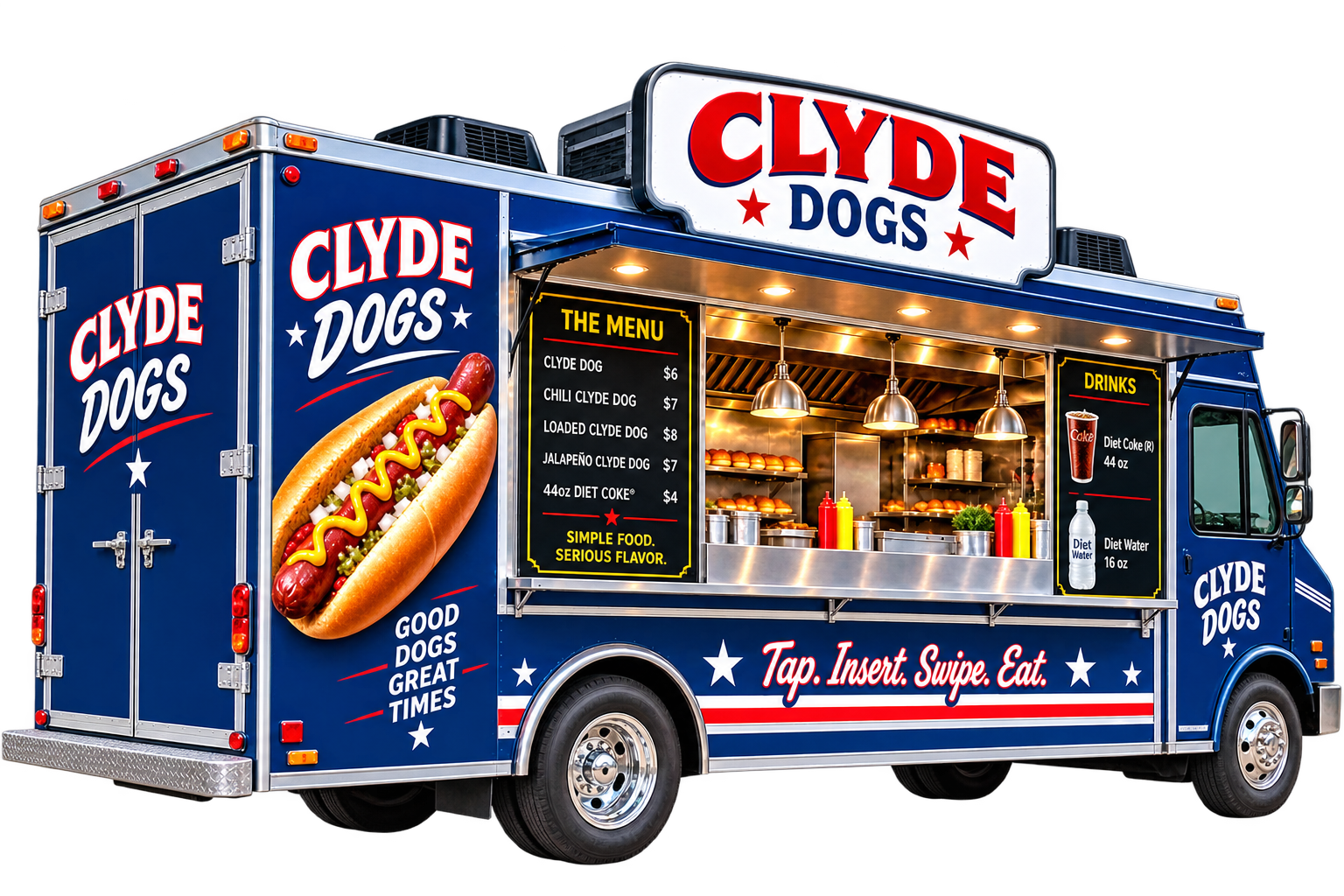 Blue Clyde Dogs mobile food truck with an open service kitchen